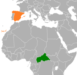 Карта с указанием местоположения Центральноафриканской Республики и Испании