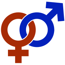 Gender symbols intertwined. The red (left) is the female Venus symbol. The blue (right) represents the male Mars symbol. Combotrans.svg