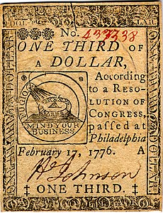 Continental Currency one-third dollar banknote obverse (February 17, 1776).jpg