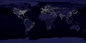 A composite image of artificial light emissions at night on a map of Earth Earth's City Lights by DMSP, 1994-1995 (large).jpg