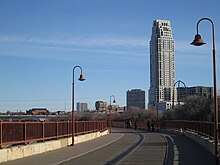 The Stone Arch Bridge is a popular connection over the Mississippi River. Eleven on the River from the Stone Arch Bridge, November 2021.jpg
