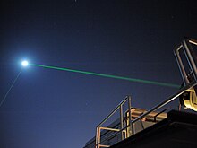 In this image, the lower of the two green beams is from the Lunar Reconnaissance Orbiter's dedicated tracker. Goddard Spaceflight Center Laser Ranging Facility.jpg