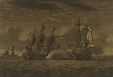 Dark engraving showing two sailing frigates on the starboard quarter, fighting a running battle. A smaller vessel is in the distance.