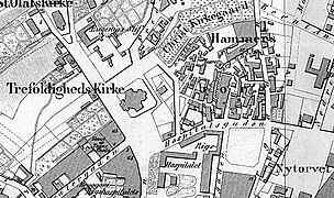 Kart fra 1860 som viser plasseringen av det gamle torvet.