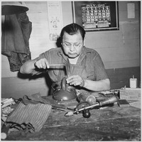 Jesse Cornplanter, descendant of Cornplanter, the famous Seneca chief, making a ceremonial mask, Tonawanda Community Hou - NARA - 519161.tif