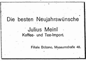 Neujahrswünsche der Fa. Julius Meinl (im Torgglhaus) zum Jahreswechsel 1925/26, Werbeschaltung im Bozener Volksblatt