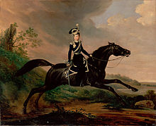 peinture d'un jeune homme en tenue militaire noire, tenant une épée et montant avec aisance un élégant cheval noir lancé au galop.