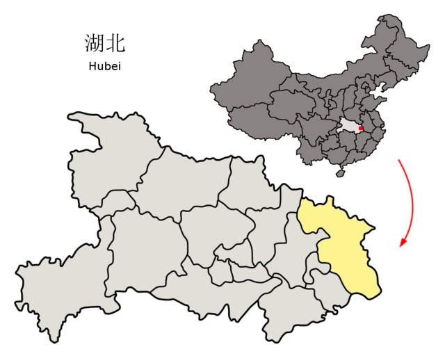 Huanggangs läge i Hubei, Kina.