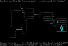 NetHack and other roguelikes often use ASCII text characters to represent objects in the game world. The position of the main character in this image is indicated by the symbol @. Nethack-dragons.png