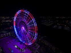 This aerial image was taken on September 11, 2015 when the Orlando Eye was displaying patriotic colors.