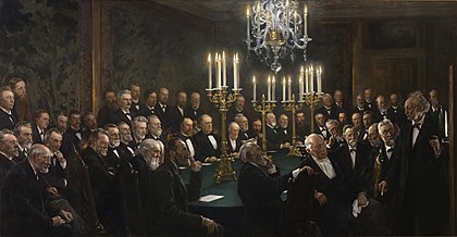 Uma reunião na Real Academia Dinamarquesa de Ciências e Letras (1897), uma pintura de Peder Severin Krøyer. (definição 10 812 × 5 615)