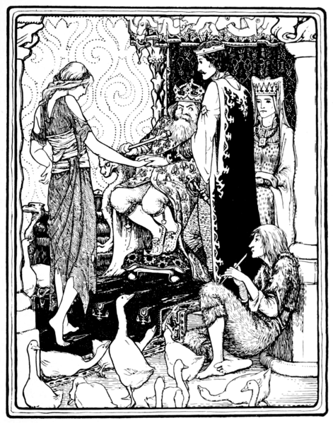 Illustration by John D. Batten, 1894. A girl in tattered clothes stands before a king and queen seated on thrones. A Prince stands next to her. At her feet, a man in fur clothes watches a herd of geese and plays a flute.