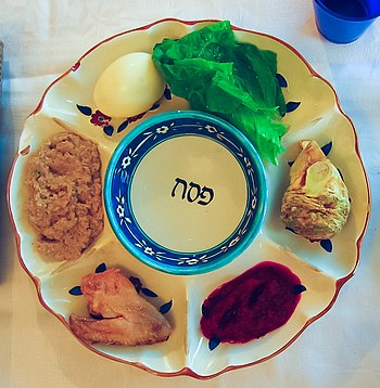 English: Passover plate with symbolic foods: m...