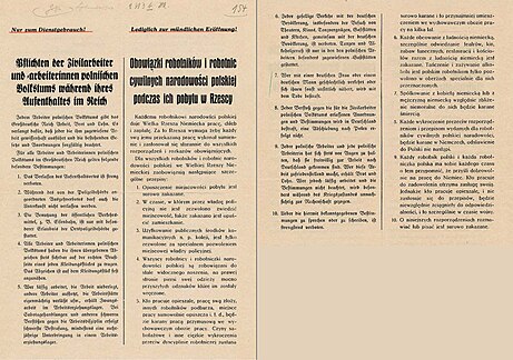 Cartel alemán y polaco que describe "Obligaciones de los trabajadores polacos en Alemania", incluida la sentencia de muerte a todos los hombres y mujeres de Polonia por tener relaciones sexuales con un alemán.
