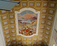 Kościół Świętej Trójcy w Piątku. Iluzjonistyczny kasetonowy strop z rozetami i ornamentami, a na stropie Chrystus dzielący chleb i ryby.