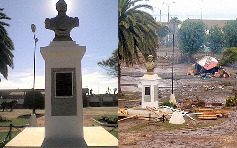 The Arturo Prat square before and after the earthquake and tsunami in Pichilemu. Image: Diego Grez.