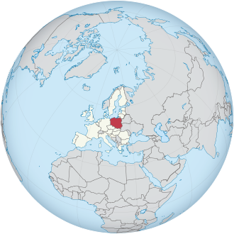 Poland in the European Union on the globe (Europe centered).svg