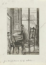 Autoritratto di Jan Weissenbruch nell'atelier di Cornelis van der Grient, incisione, 1862, Rijksmuseum