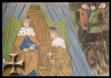 Коронованный мужчина сидит на троне в шатре, а другой мужчина (также в короне) преклоняет колени перед ним.