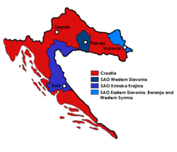 克罗埃西亚社会主义共和国（红色）内的西斯拉沃尼亚自治州（中央蓝色区域）。