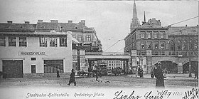 Die Haltestelle Radetzkyplatz um 1905, im Vordergrund das Aufnahmsgebäude Richtung Praterstern, im Hintergrund die Löwengasse