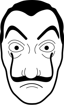 Dessin d'un masque représentant un visage blanc avec de grandes moustaches noires remontant jusqu'aux yeux.