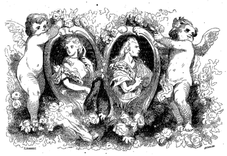 Tableau avec 2 anges entourant 2 camées représentant à gauche la marquise et à droite un marquis qui regardent dans des directions opposées