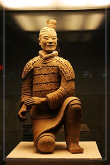 A kneeling crossbowman from the Terracotta Army assembled for the tomb complex of Qin Shi Huang (r. 221-210 BC) Terracotta Army 5.jpg