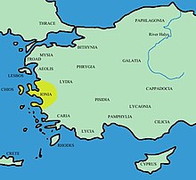 Ionia, source of early Greek philosophy, in western Asia Minor Turkey ancient region map ionia.JPG