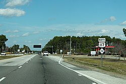 Northbound College Road (NC 132/US 117) passing through Kings Grant; a half mile (0.8 km) beyond lies the eastern terminus of Interstate 40
