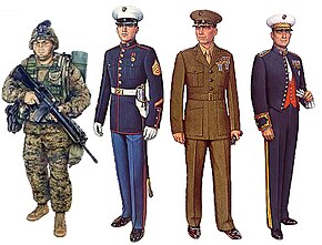 dessins en couleur de quatre Marines portant divers uniformes