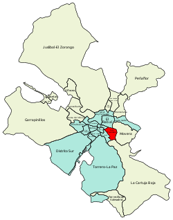 Location of Las Fuentes (in red) in Zaragoza.