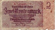 Two Rentenmark note, issued in line with the Decree of 15 October 1923 Zwei Rentenmark a.jpg