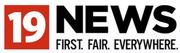 To the left, a large red square with "19" in white text. To the right, two lines of black serif text: "NEWS" in large, bold type, and "FIRST. FAIR. EVERYWHERE." in a smaller, narrow type.
