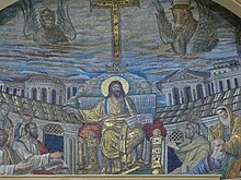 Christ Pantocrator in a Roman mosaic in the church of Santa Pudenziana, Rome, c. 400-410 AD during the Western Roman Empire Apsis mosaic, Santa Pudenziana, Rome W3.JPG