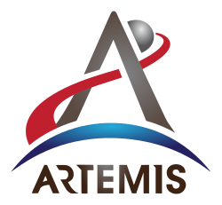 An arrowhead combined with a depiction of a trans-lunar injection trajectory forms an "A", with an "Artemis" wordmark printed underneath