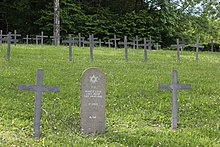 The headstones of the fallen Jewish soldiers who fought for Germany in World War I were removed during World War II, and were later replaced. This cemetery is in northern France. Azannes WWI German Cemetery 2.jpg