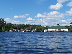 The southern portion of the town as viewed from Bala Bay, the KEE to Bala is visible (right)