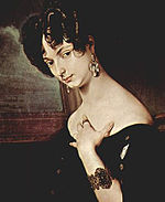 Italian in exile, Princess Belgiojoso 1832, salonniere in Paris where political and other emigre Italians, including composer Vincenzo Bellini, gathered in the 1830s. Portrait by Francesco Hayez Belgiosjoso-detail from 764px.jpg