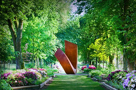 The sculpture done by Beverly Pepper in Muni's Garden.