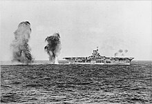 HMS Ark Royal under attack from Italian aircraft during the Battle of Cape Spartivento, 27 November 1940. Bombs falling astern of HMS Ark Royal A2298.jpg