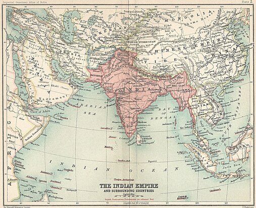 The British Raj and surrounding countries are shown in 1909.