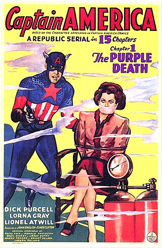 A film poster depicting an illustration of Captain America holding a gun next to a gagged woman tied to a chair, as gas swirls around them