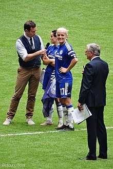 Waiting to be interviewed on the pitch at Wembley Stadium, August 2015 Chelsea Ladies 1 Notts County Ladies 0 (20183103506) (2).jpg