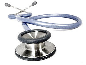 A doctors stethoscope, lilac coloured, close u...
