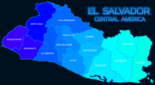 Mapa departementů Salvadoru se jmény.