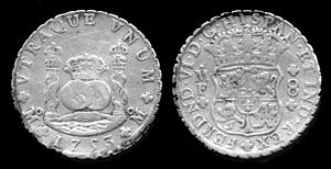 The Spanish dollar was the basis of the United States silver dollar. Ferdinand VI Coin.jpg