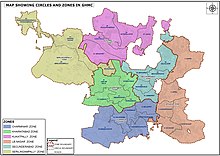 The GHMC is divided into six municipal zones GHMC NEW ZONES,CIRCLE MAP.jpg