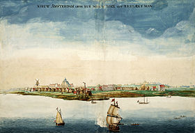 New Amsterdam, centered in what eventually became Lower Manhattan, in 1664, the year England took control and renamed it New York GezichtOpNieuwAmsterdam.jpg