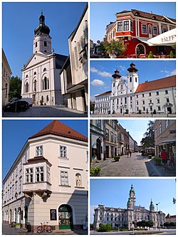 Clockwise, from top to bottom: Cathedral Basilica of Győr, baroque architecture in Győr, Benedictine Church of Saint Ignatius of Loyola, street in the city center, City Hall, baroque architecture